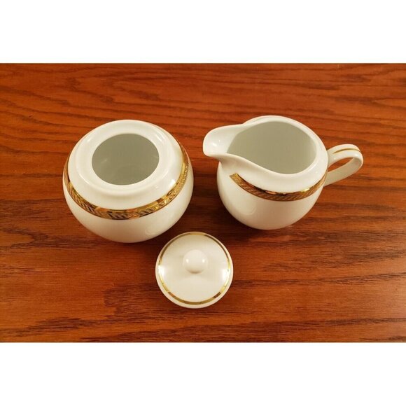 Vintage Gorham Sugar Bowl and Creamer Set Warwick Gold White Gold Trim With Lid - Picture 3 of 6
